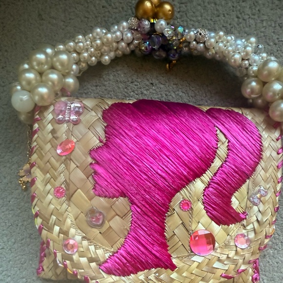 Handbags - Pink and Tan Woven Handbag with Pearl Handle